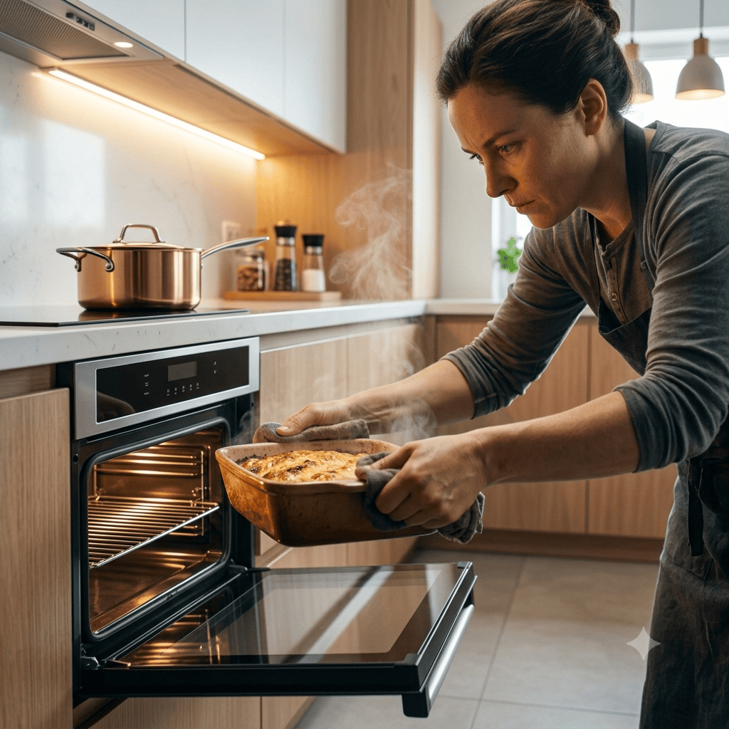 Evitando Erros Que Diminuem a Vida Útil do Forno Elétrico: Usuário removendo uma assadeira do forno elétrico sem utilizar a porta como apoio.