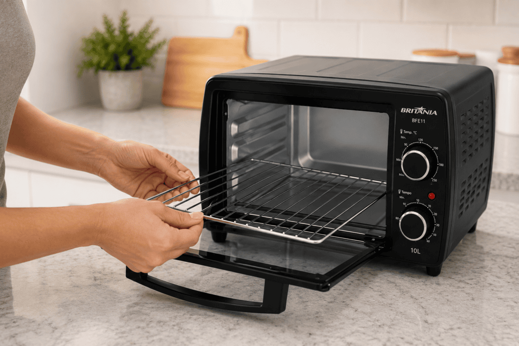 Remoção da grelha metálica de um mini forno elétrico compacto durante a limpeza.