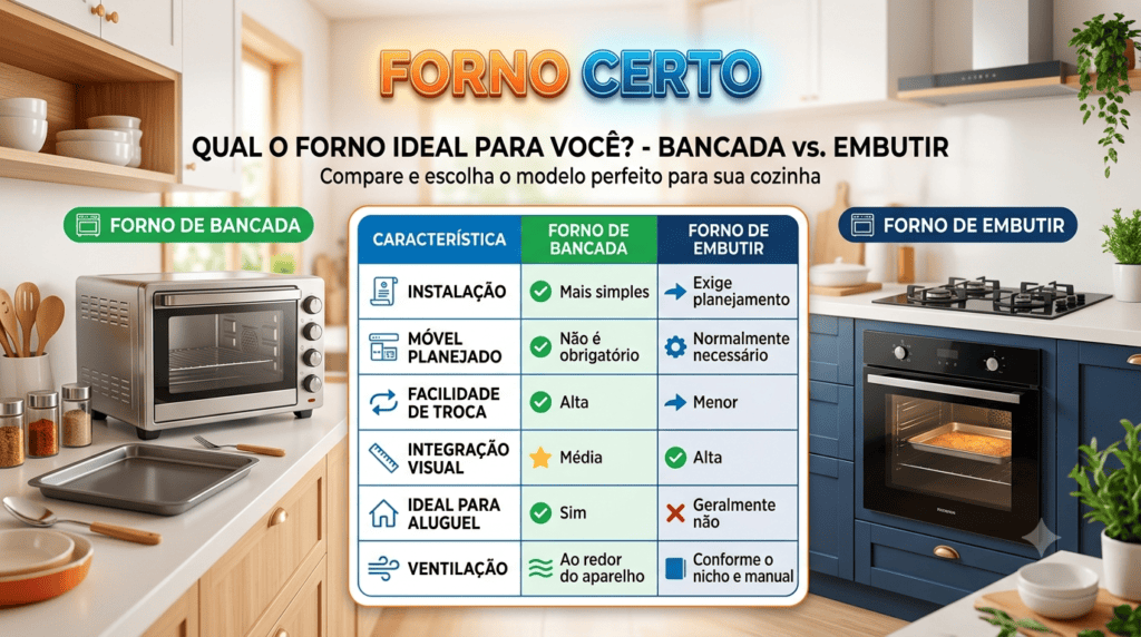 Tabela comparativa dos fornos elétricos de bancada e de embutir, ajudando na questão como saber se um forno elétrico cabe na  cozinha.