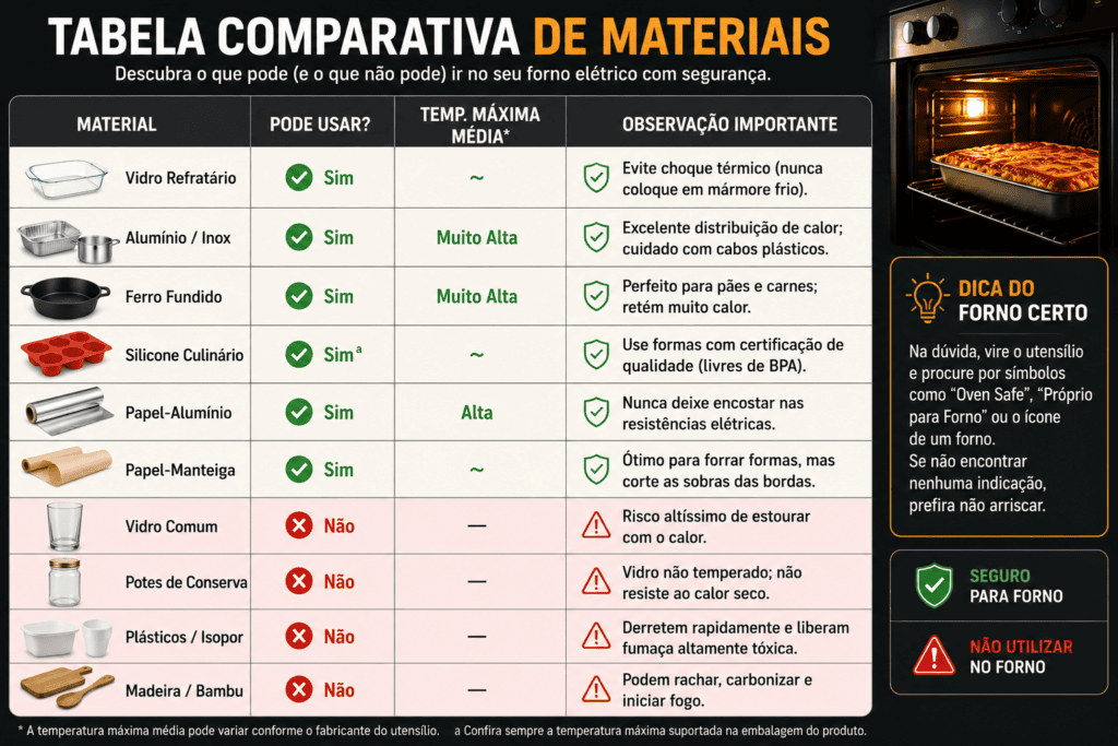 Tabela Comparativa sobre O Que Pode e o Que Não Pode Colocar no Forno Elétrico
