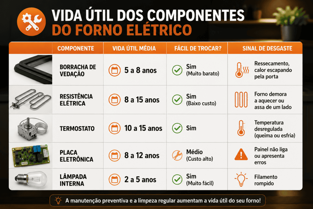 Quanto tempo dura um forno elétrico: tabela com a indicação de durabilidade dos componentes do forno elétrico.