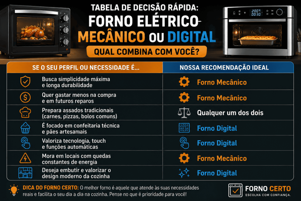 Tabela de Decisão Rápida: Forno elétrico mecânico ou digital - Qual combina com você?