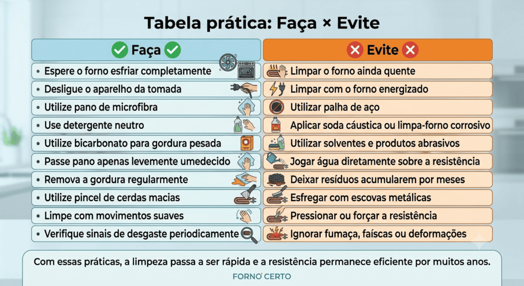Infográfico do site FORNO CERTO, em formato de tabela comparativa intitulada 'Tabela prática: Faça × Evite', com dicas de segurança e limpeza para resistência de forno. O lado esquerdo, em fundo azul e com ícones de check verde, lista as práticas corretas: 'Espere o forno esfriar completamente', 'Desligue o aparelho da tomada', 'Utilize pano de microfibra', 'Use detergente neutro', 'Utilize bicarbonato para gordura pesada', 'Passe pano apenas levemente umedecido', 'Remova a gordura regularmente', 'Utilize pincel de cerdas macias', 'Limpe com movimentos suaves' e 'Verifique sinais de desgaste periodicamente'. O lado direito, em fundo laranja e com ícones de X vermelho, lista as práticas incorretas: 'Limpar o forno ainda quente', 'Limpar com o forno energizado', 'Utilizar palha de aço', 'Aplicar soda cáustica ou limpa-forno corrosivo', 'Utilizar solventes e produtos abrasivos', 'Jogar água diretamente sobre a resistência', 'Deixar resíduos acumularem por meses', 'Esfregar com escovas metálicas', 'Pressionar ou forçar a resistência' e 'Ignorar fumaça, faíscas ou deformações'. A imagem possui um fundo de cozinha moderno e claro, e a mensagem final na parte inferior: 'Com essas práticas, a limpeza passa a ser rápida e a resistência permanece eficiente por muitos anos.'