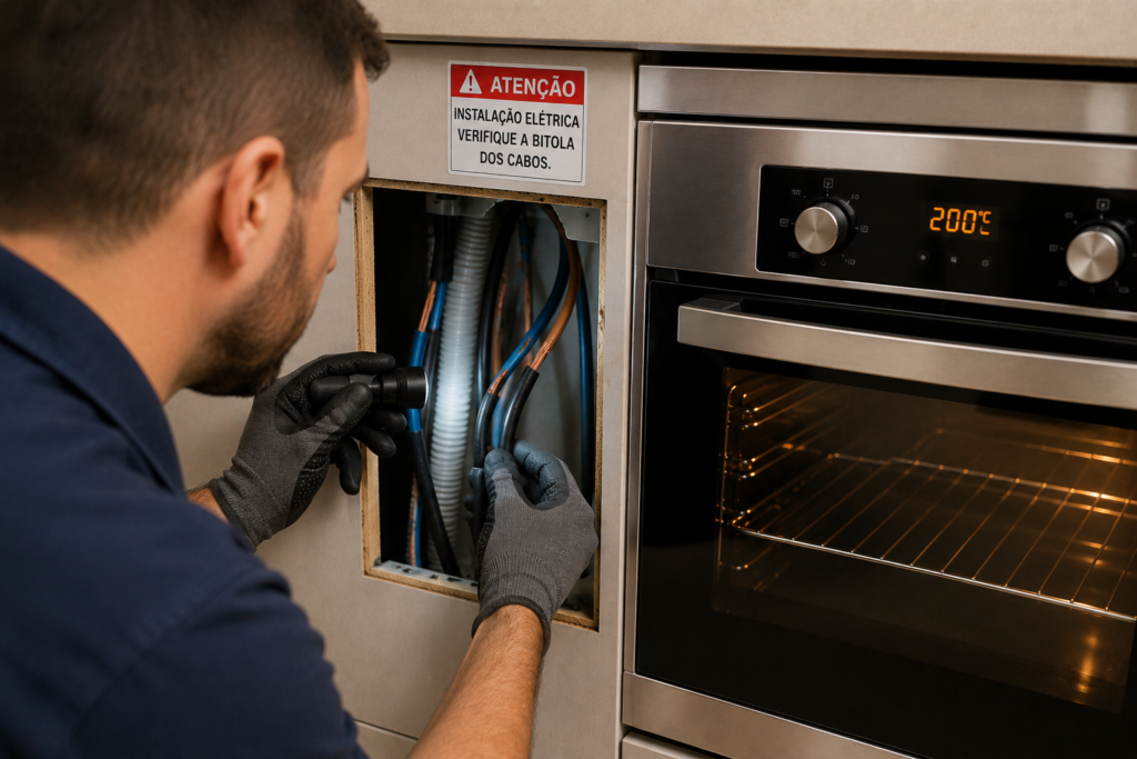 Forno elétrico precisa de disjuntor exclusivo: inspeção de cabos elétricos utilizados na alimentação de forno residencial de alta potência.