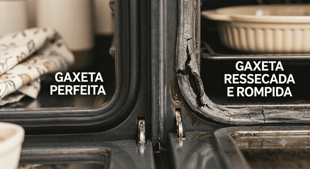 Comparação entre borracha de vedação nova e gaxeta desgastada na porta de um forno elétrico.