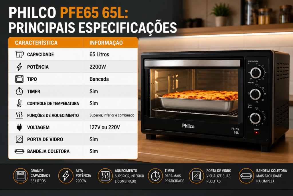 Infográfico com ficha técnica do forno elétrico Philco PFE65 65 litros, destacando potência de 2200W, timer, controle de temperatura ajustável, aquecimento combinado, bandeja coletora e opções de voltagem 127V e 220V.