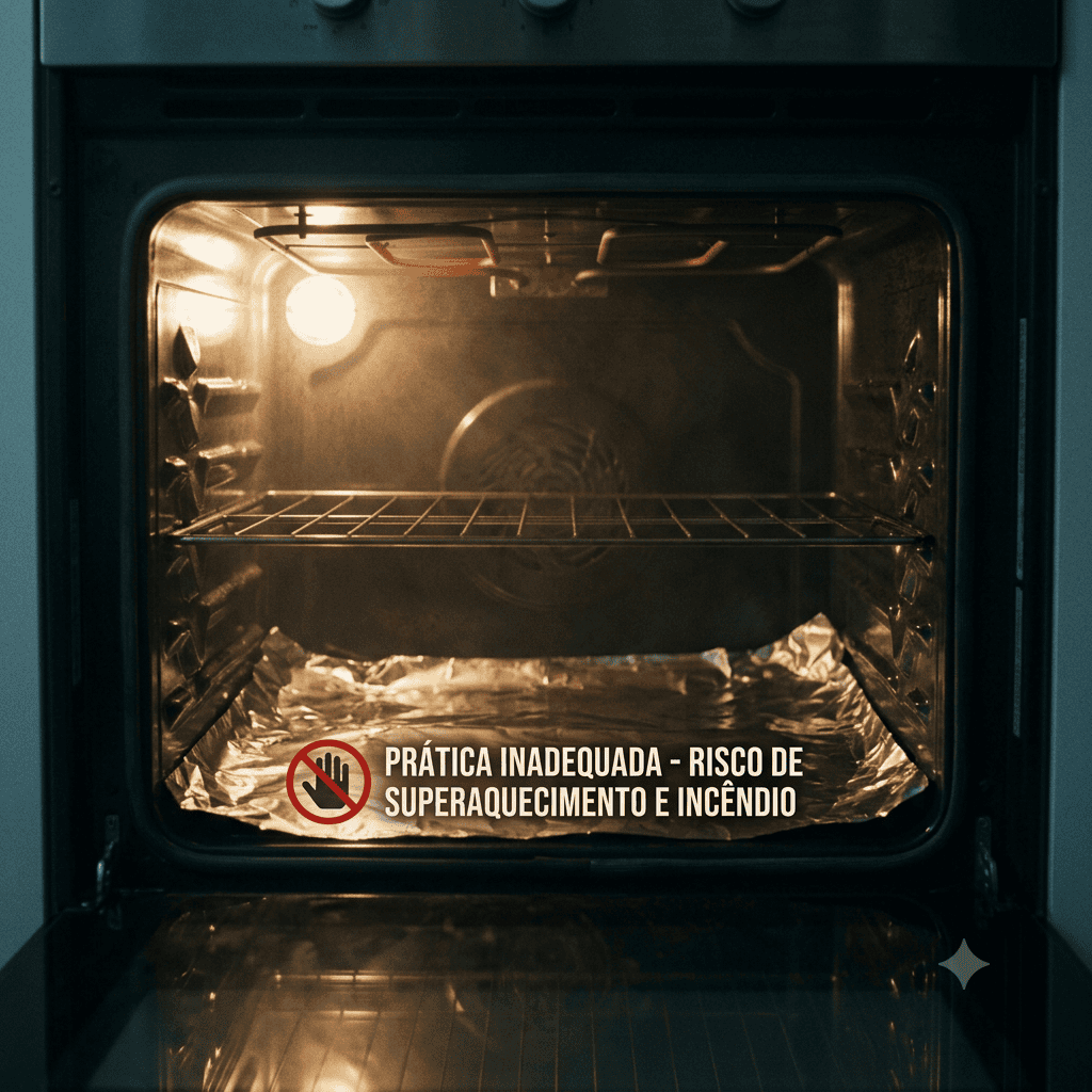 Erros Que Diminuem a Vida Útil do Forno Elétrico: Interior de forno elétrico com papel-alumínio cobrindo a base inferior e indicação visual de prática inadequada.