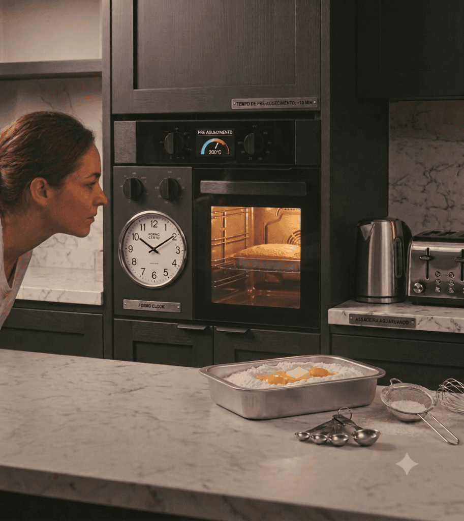 Forno elétrico em pré-aquecimento com ingredientes preparados para iniciar o cozimento no momento correto.