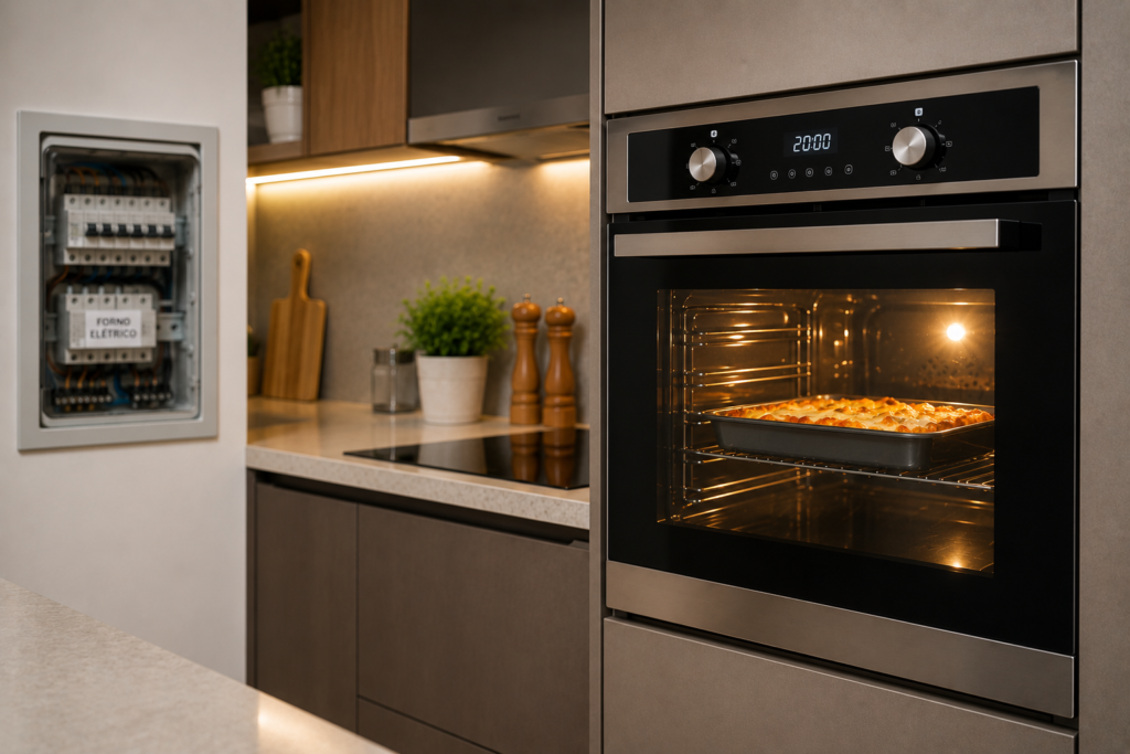 Forno elétrico operando em instalação residencial corretamente dimensionada.