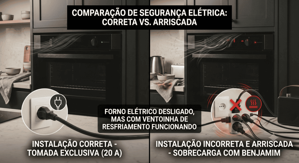 Comparação entre uma instalação correta com tomada exclusiva de 20 A e outra utilizando benjamim com diversos aparelhos conectados, destacando o risco da segunda situação.