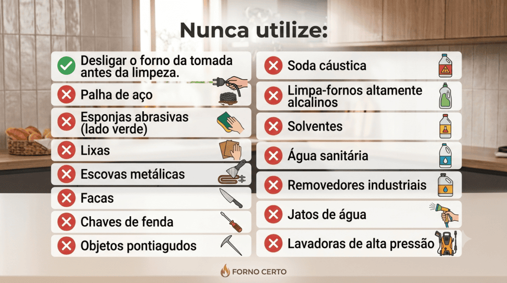 Tabela de Materiais que nunca devem ser utilizados na limpeza da resistência de um forno elétrico.