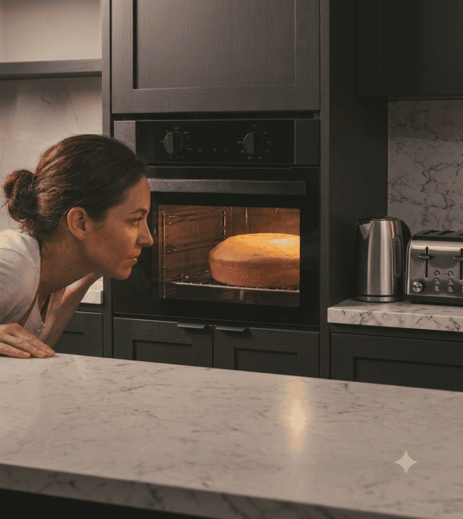 Pessoa observando o alimento através do vidro da porta sem abrir o forno, enquanto um bolo cresce uniformemente no interior.