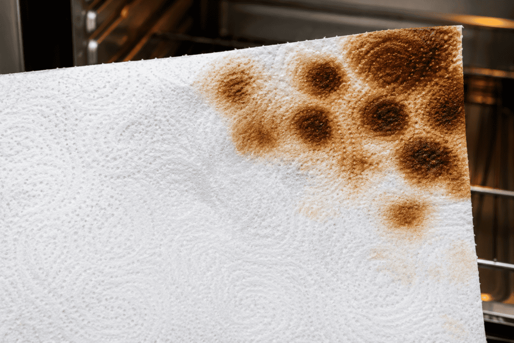Resultado físico do mapeamento térmico em papel toalha evidenciando marcas de queimado escuras nas zonas de calor extremo e tecido intacto nos pontos frios.