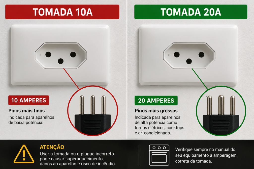 Comparação visual entre tomadas elétricas de 10 amperes e 20 amperes.