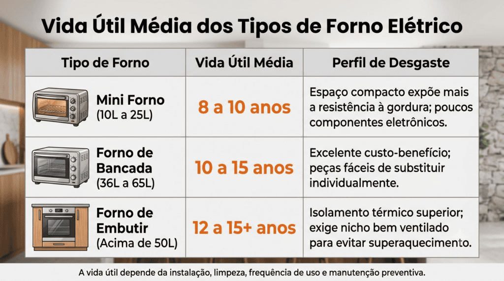Quanto tempo dura um forno elétrico : A vida útil médias dos vários tipos de fornos elétricos depende da instalação, limpeza, frequência de uso e manutenção preventiva.