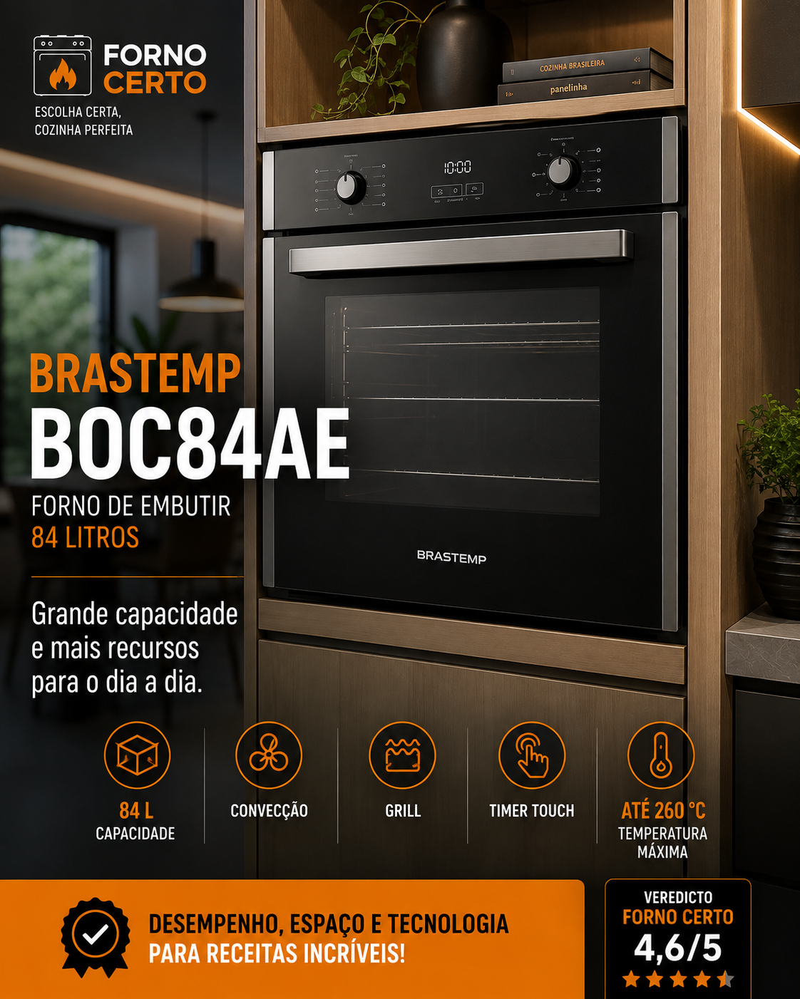 Forno de embutir preto instalado em móvel planejado de cozinha
