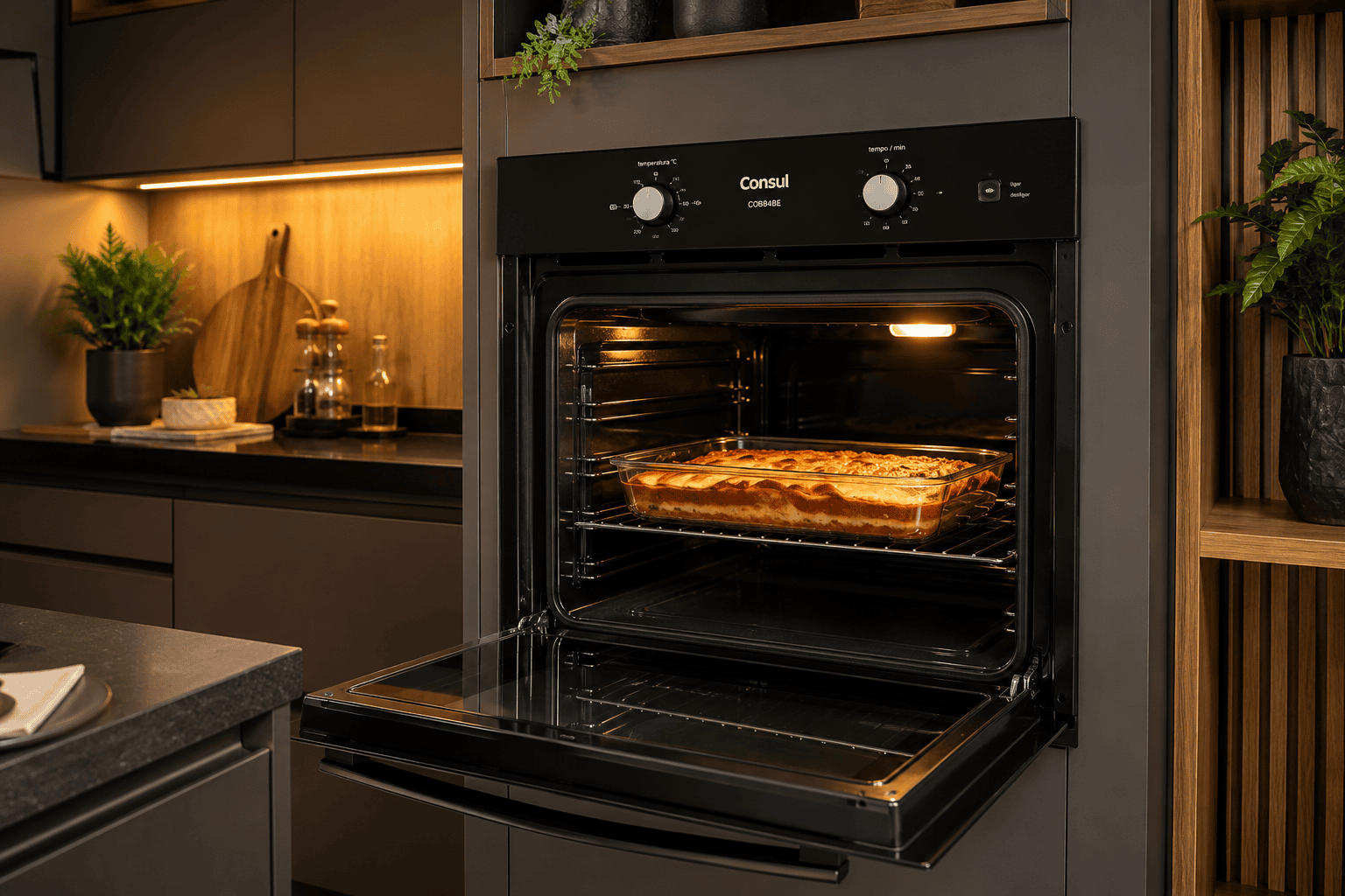 Forno elétrico de embutir Consul COB84BE 84 litros instalado em cozinha planejada preparando uma lasanha.