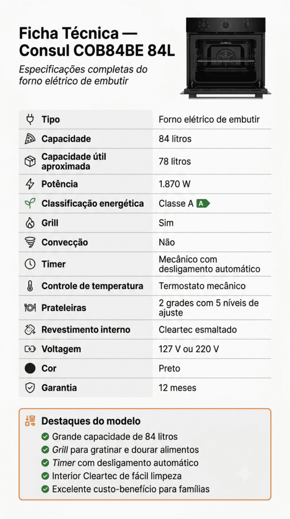 Especificações Técnicas do Forno Elétrico Consul 84L COB84BE 