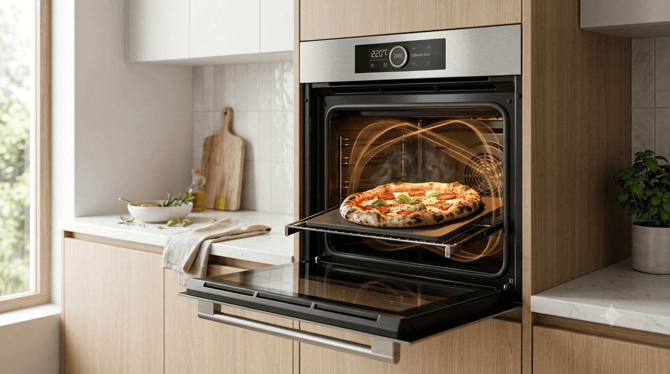 Forno elétrico de embutir assando uma pizza com circulação uniforme de ar quente proporcionada pelo sistema de convecção.